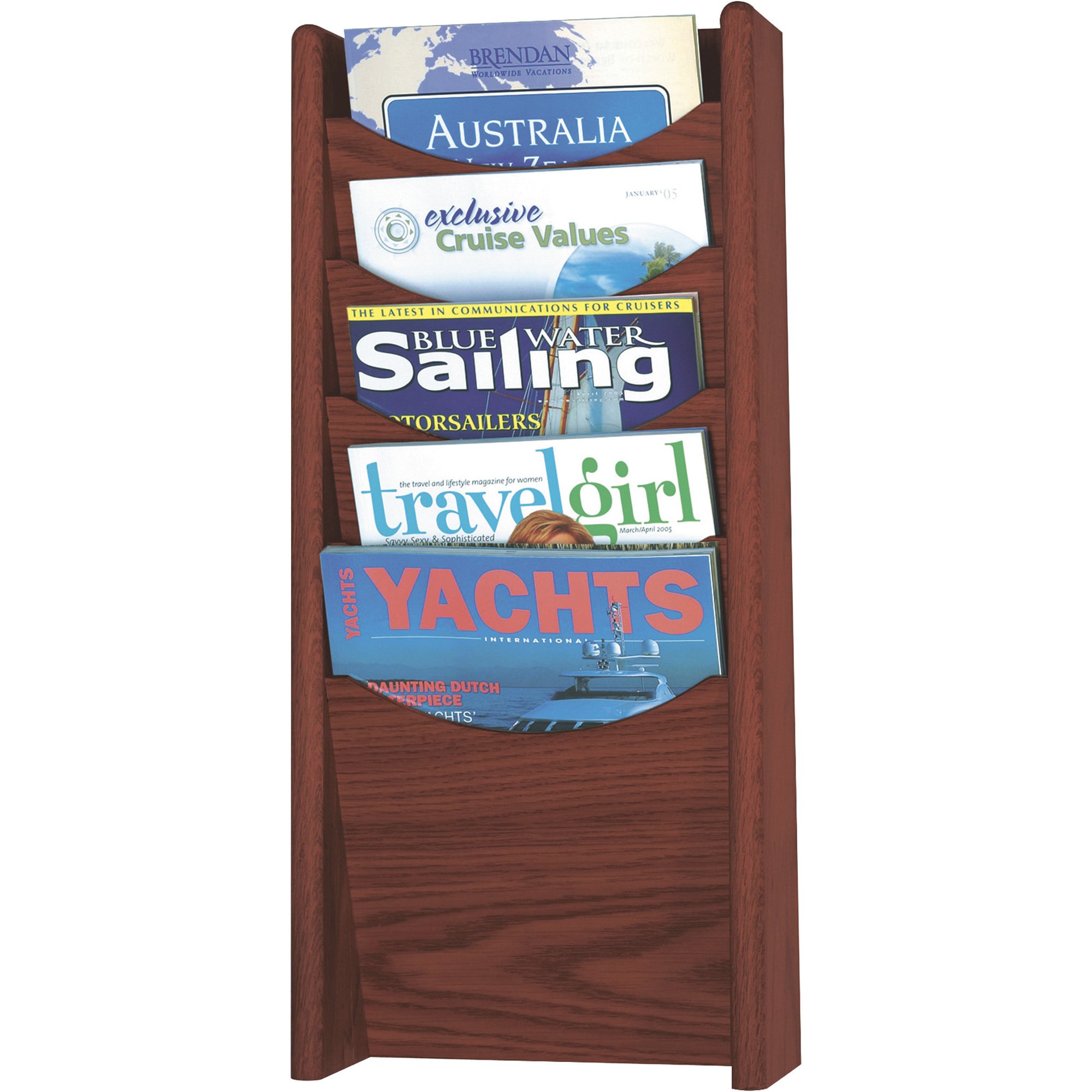 Safco 5-Pocket Wood Magazine Rack — Mahogany Finish, 11 1/4in.W x  3 3/4in.D x 23 3/4in.H